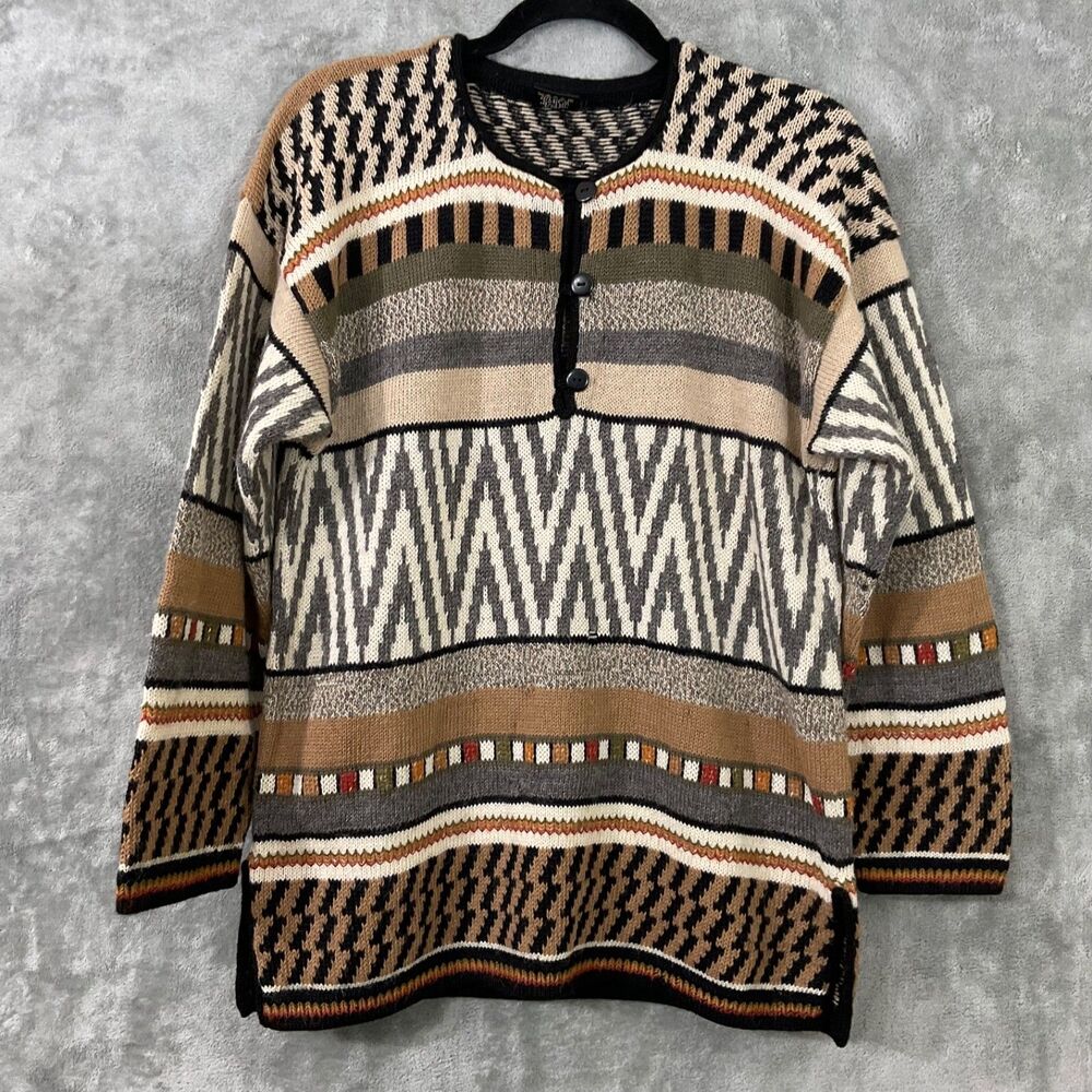 100% Alpaca Knit  Sweater women S multi colors Tribal Flaws TLC Read
